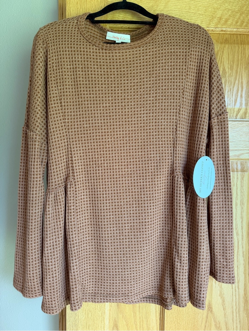 Soft Waffle Knit Camel Brown Babydoll Top Women Medium Bohemian Hailey & Co NWT